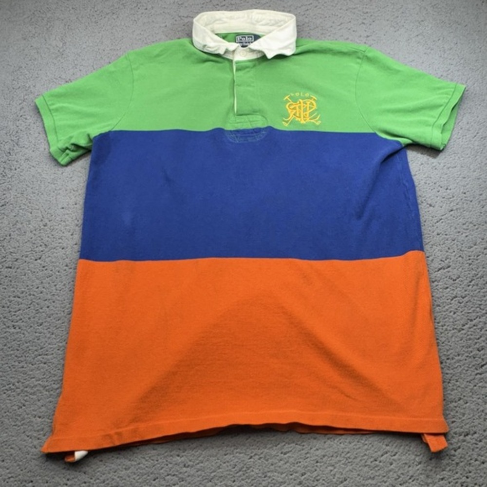 Polo Ralph Lauren Rugby Shirt Mens XL Green Blue Orange Iconic‎ Crest Striped